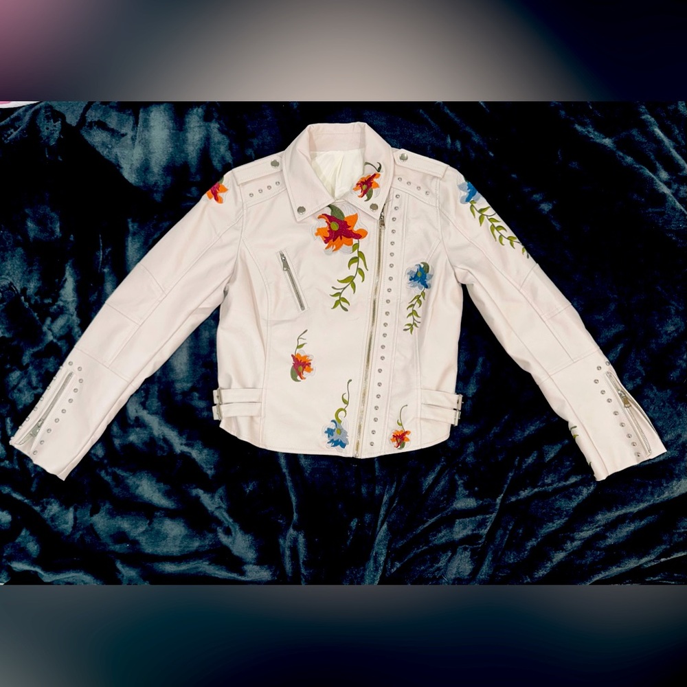 Faux leather jacket w/ floral embroidery